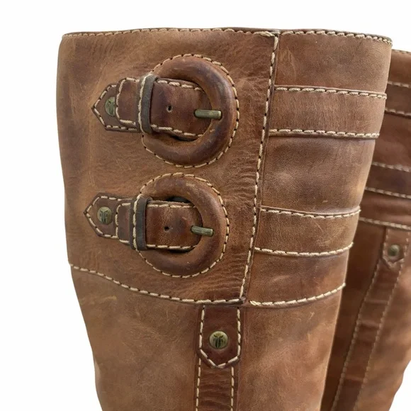 Frye Frankie Buckle Boots Leather Heeled Tall Brown 8 - Picture 3 of 12